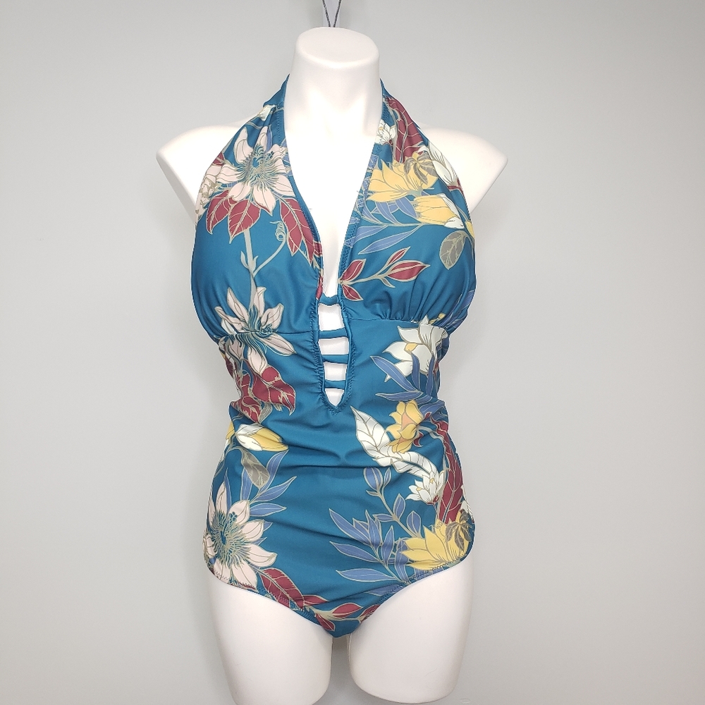 ModCloth Tereza One-Piece Teal Floral Halter Top Swimsuit Size 3X